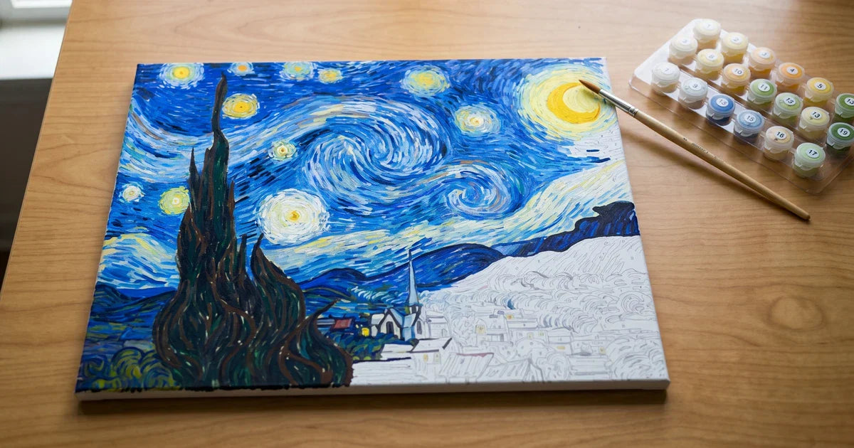 Paint-by-numbers canvas of Van Gogh's Starry Night composition with PKS paint pots