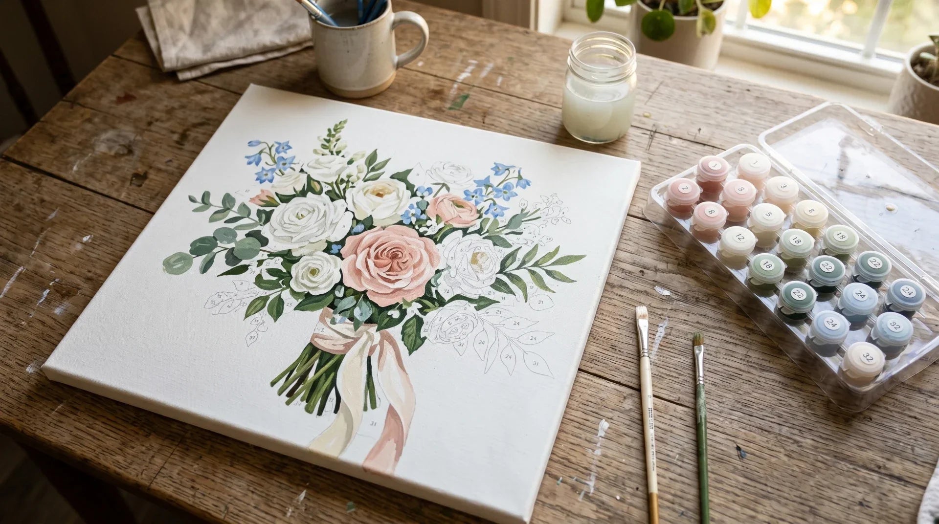 Partially painted paint-by-numbers canvas of a wedding bouquet of white and blush roses on a wooden table with a connected paint pot tray and brushes nearby