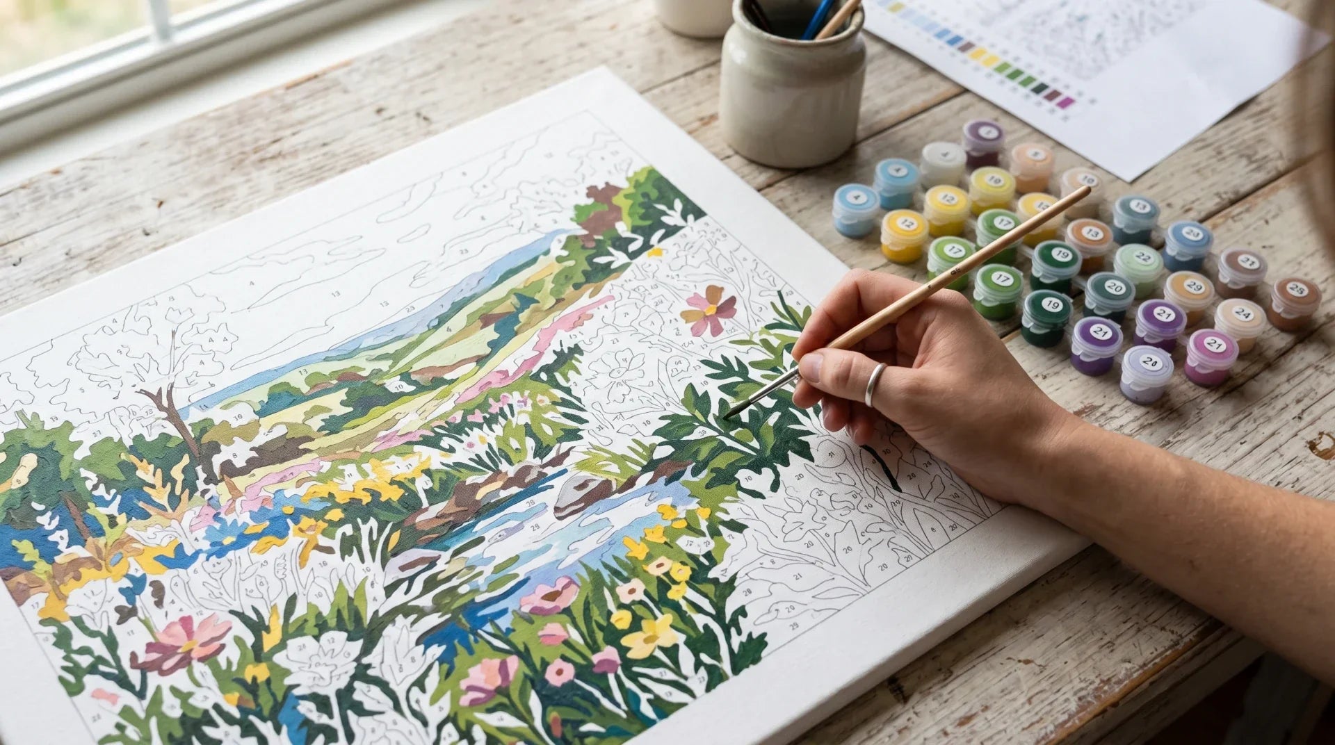 A partly finished paint by numbers canvas with a hand brushing colour into numbered regions, beside numbered acrylic paint pots