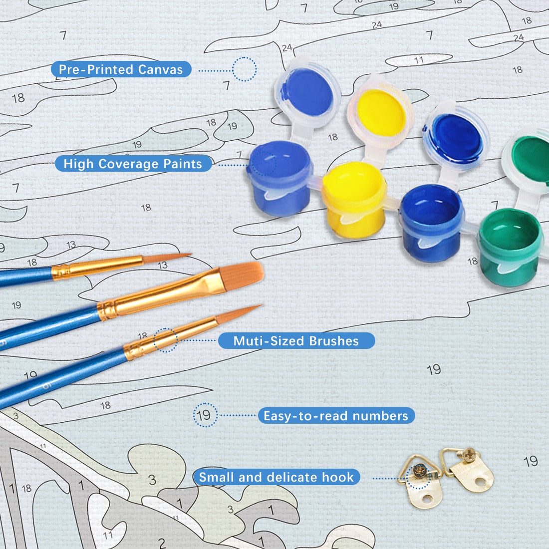 Painting supplies including paint cans, brushes, and a hook on a pre-printed canvas with numbered sections.