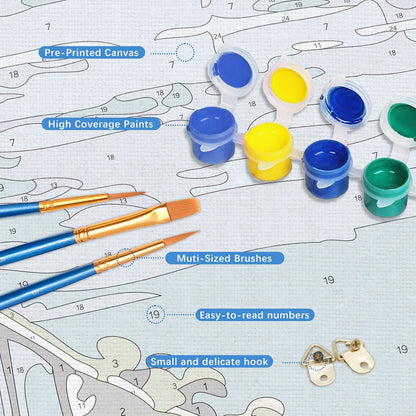 Painting supplies including paint cans, brushes, and a hook on a pre-printed canvas with numbered sections.