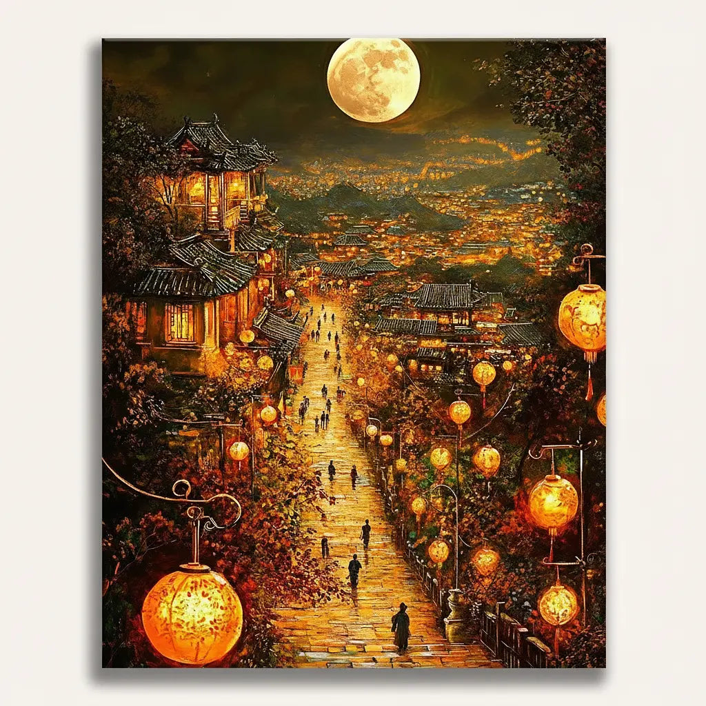 Moonlit Village Steps - Framed Paint by Numbers Kit