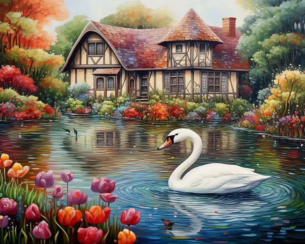 Cottage Swan Pond | Paint By Numbers Kit
