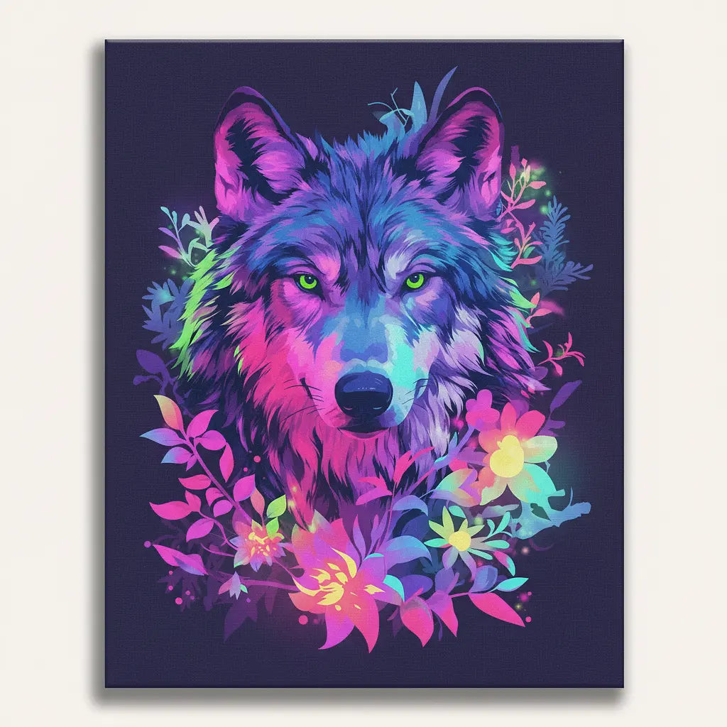 Neon Wolf Flora - Framed Paint by Numbers Kit