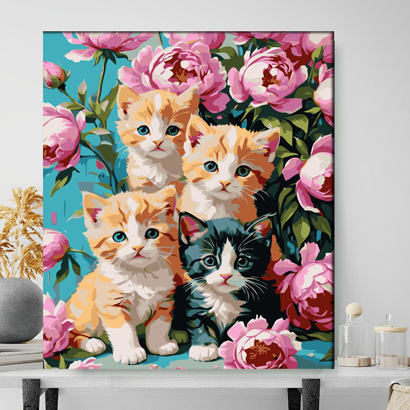 Framed artwork of kittens surrounded by flowers on a wall | Paint Kit Studio