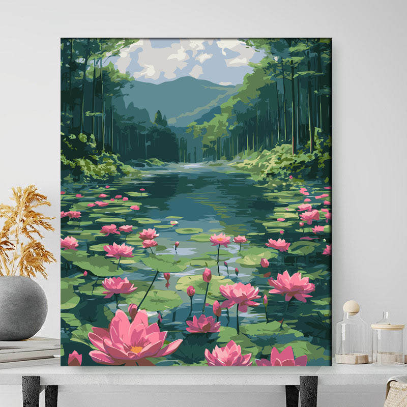 Canvas print of a forest scene with pink flowers on a white wall.