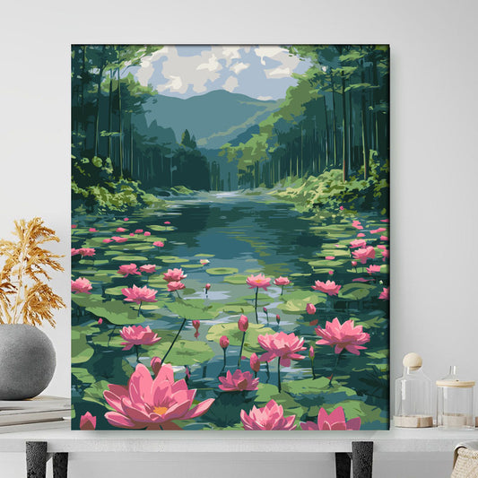 Canvas print of a forest scene with pink flowers on a white wall.