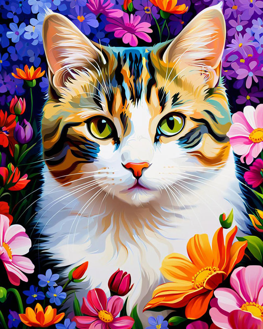 Colorful painting of a cat surrounded by flowers