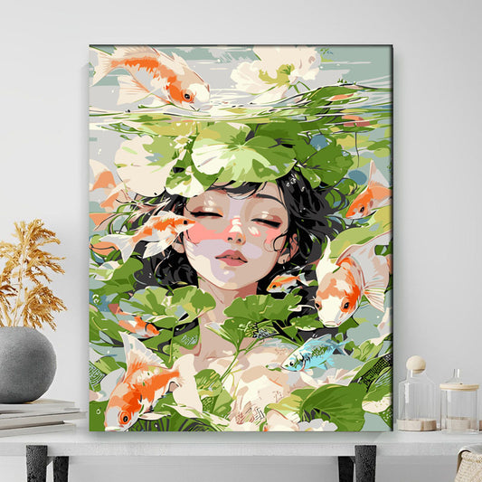 Artistic depiction of a woman surrounded by fish and foliage on a wall.
