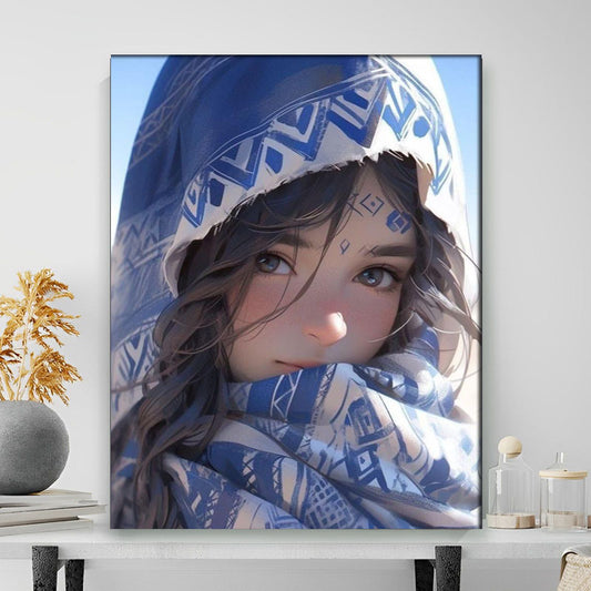 Framed artwork of a person wearing a blue and white patterned headscarf on a white wall.