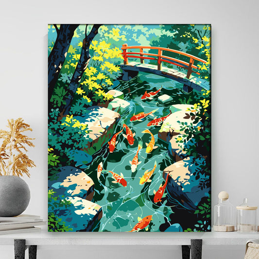Colorful painting of koi fish in a pond with a bridge on a wall.