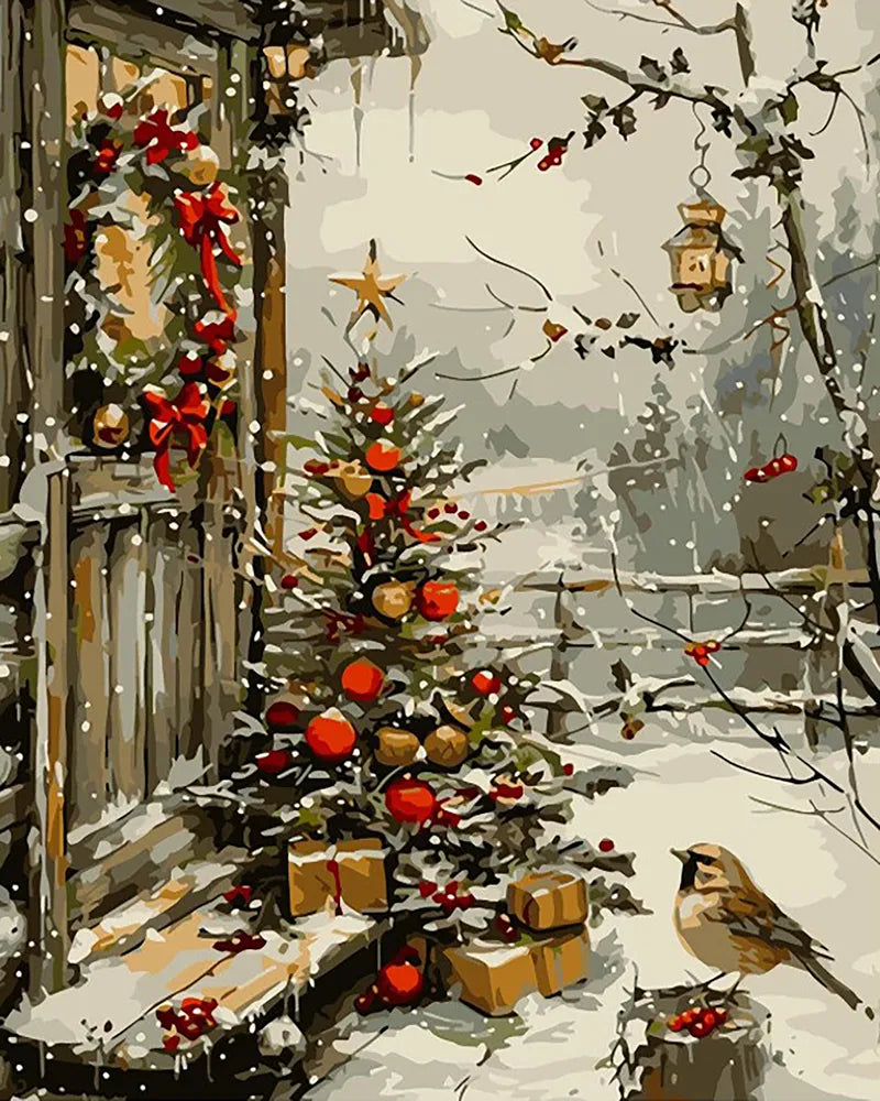 Snowy Porch Christmas Tree | Paint By Numbers Kit