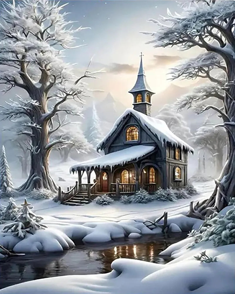 Winter Chapel Twilight | Paint By Numbers Kit