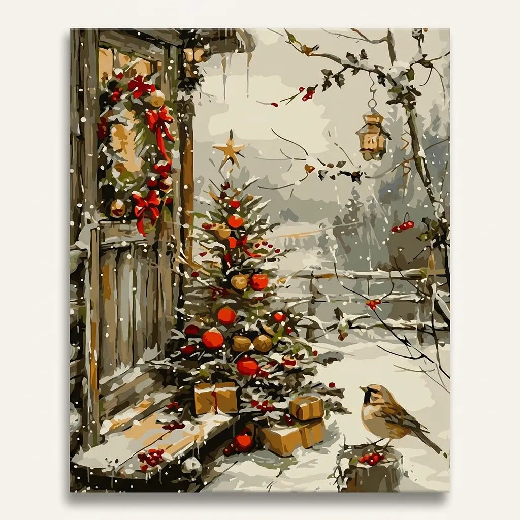 Snowy Porch Christmas Tree | Paint By Numbers Kit