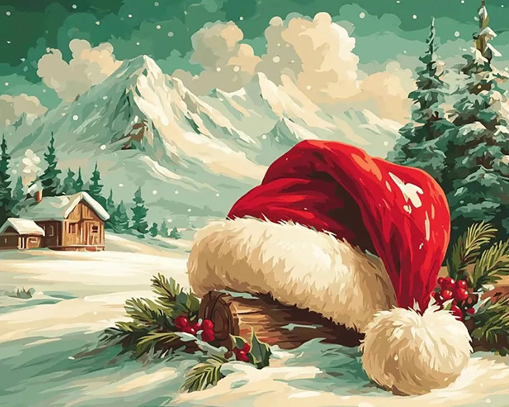 Santa Hat Mountain Cabin | Paint By Numbers Kit