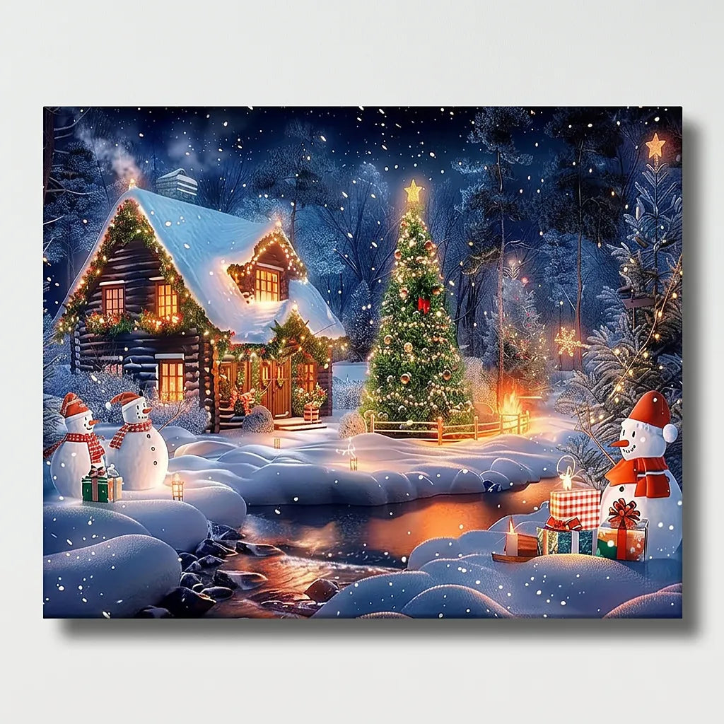 Snowy Cabin Christmas Night | Paint By Numbers Kit