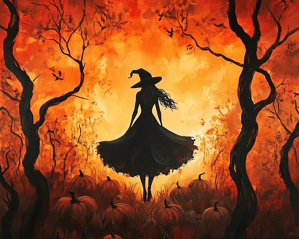 Witch Pumpkin Patch Silhouette | Paint By Numbers Kit