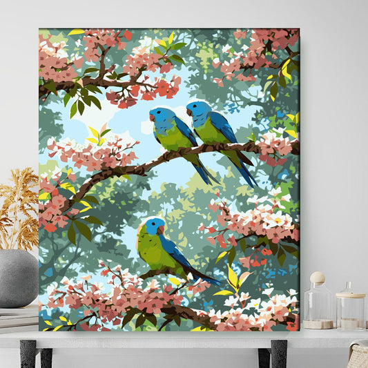 Canvas print of two parrots on a branch with cherry blossoms