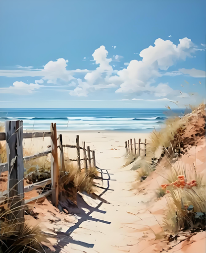 Beach scene with wooden fence, sand, and ocean under a blue sky with clouds.