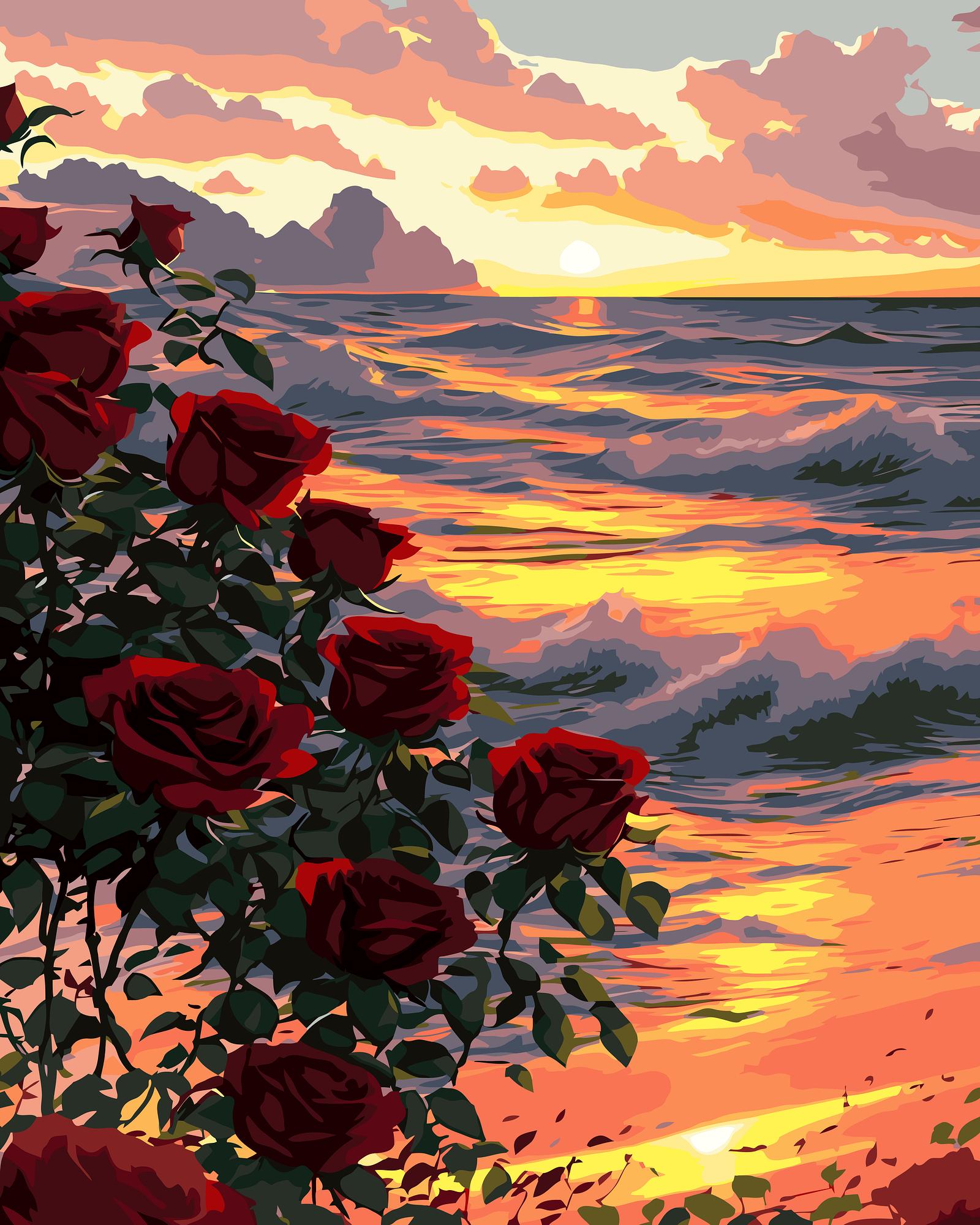 Red roses by a sunset over water