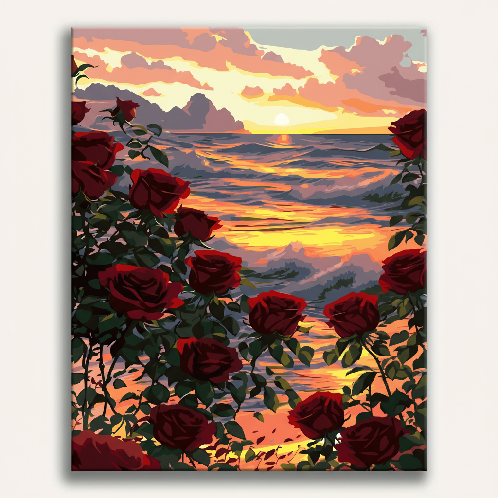 Painting of red roses with a sunset over water