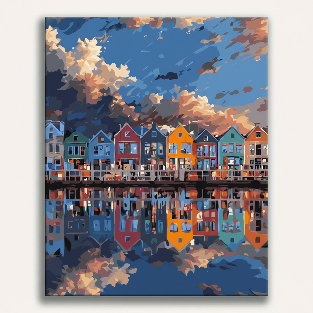 Colorful painting of a row of houses reflected in water with a blue sky.