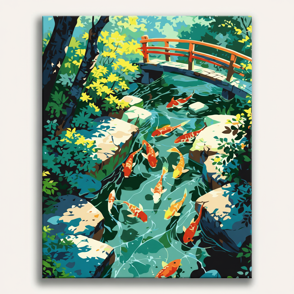 Canvas print of a serene pond scene with koi fish and a wooden bridge.