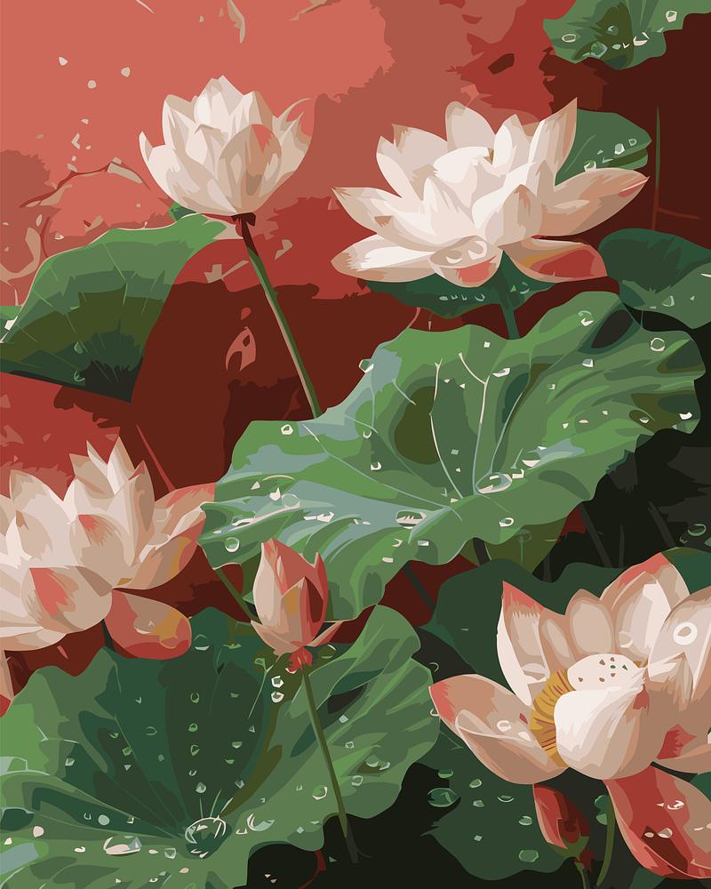 Illustration of pink lotus flowers and green leaves on a red background