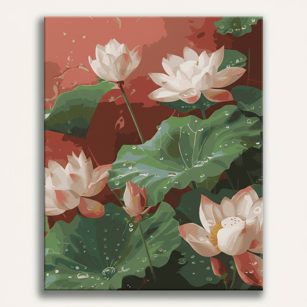 Canvas print with pink lotus flowers and green leaves on a red background