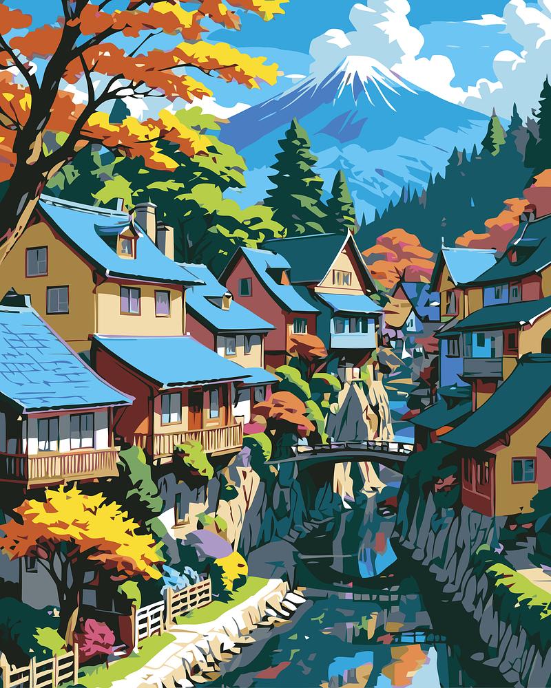 Colorful illustration of a Japanese village with Mount Fuji in the background