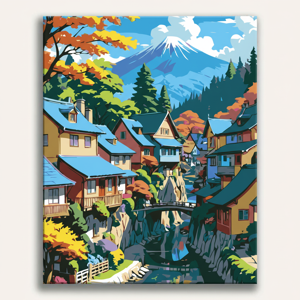 Colorful illustration of a village with mountains and trees