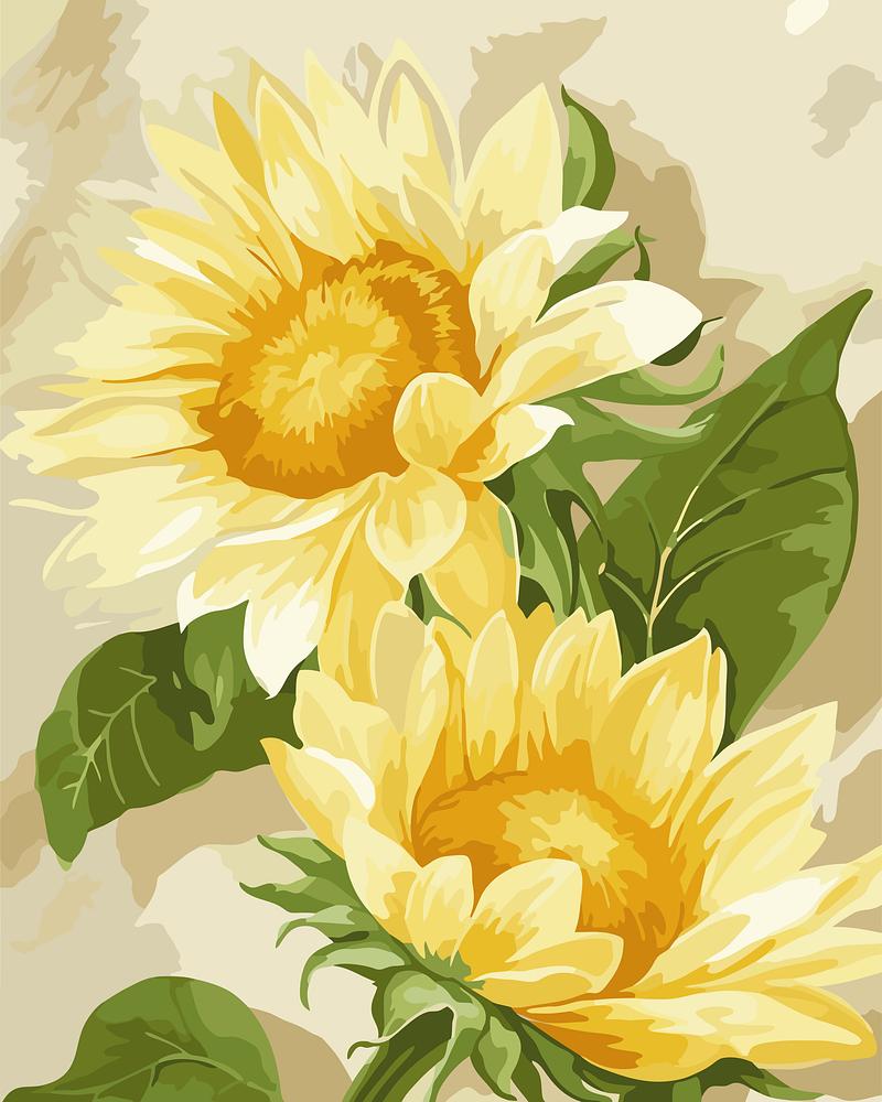 Two yellow sunflowers with green leaves on a beige background