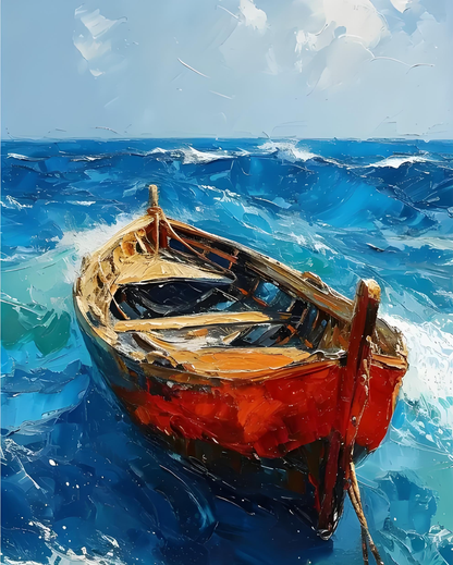 Painting of a small boat on choppy waters with a blue sky.