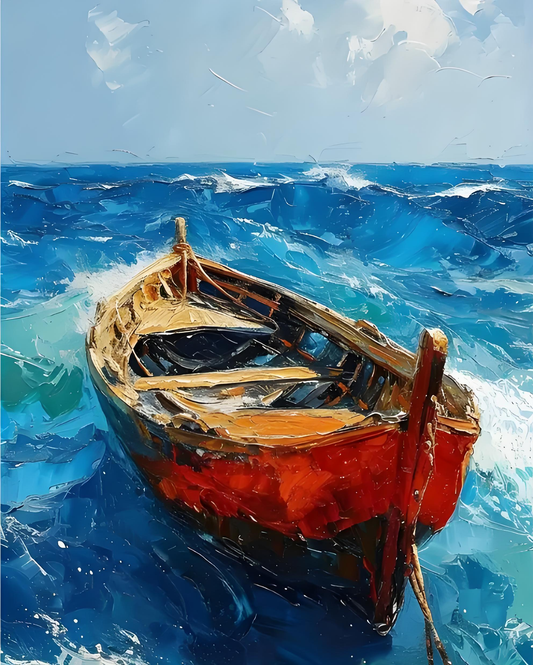 Painting of a small boat on choppy waters with a blue sky.