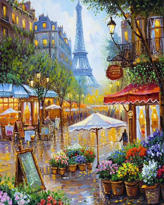 Painting of a Parisian street with the Eiffel Tower in the background
