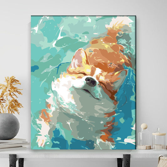 Abstract painting of a dog on a wall with decorative items below.