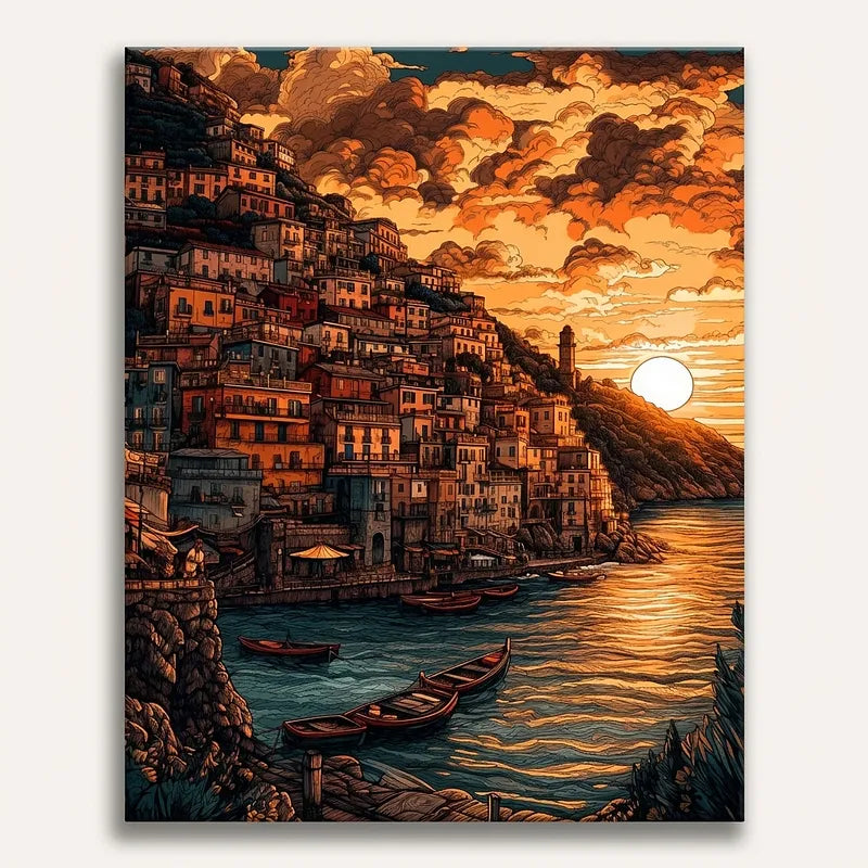 Coastal Village Sunset | Paint By Numbers Kit