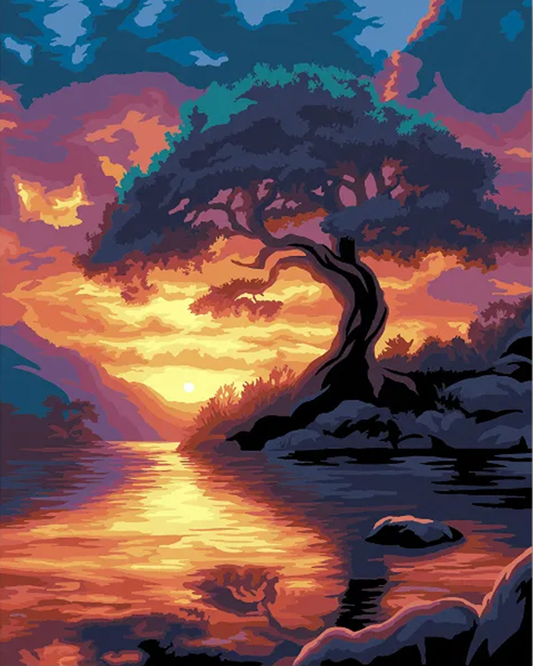 Painting of a tree by a lake at sunset with vibrant colors