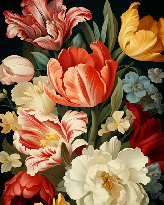 Colorful floral arrangement with tulips on a dark background