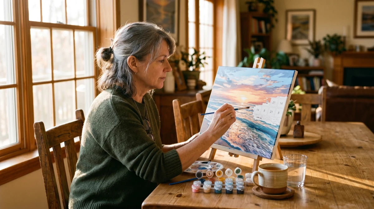 Adult painter at work on a thoughtfully gifted paint-by-numbers kit
