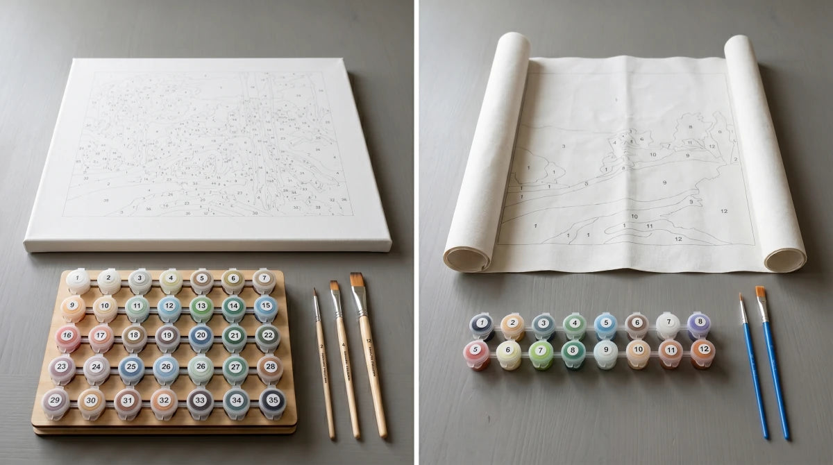 Side-by-side comparison of a premium paint-by-numbers kit and a budget kit