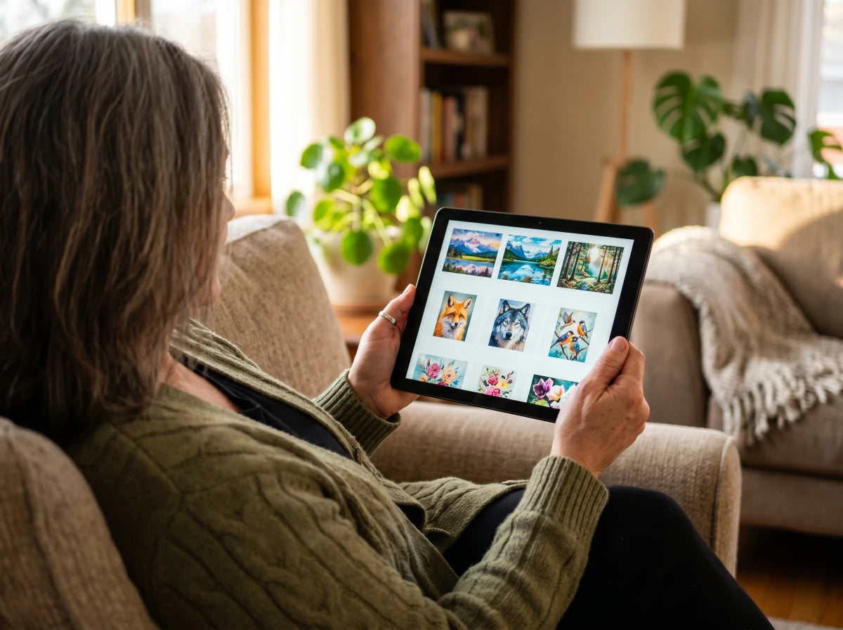 Adult browsing paint by numbers kit options on a tablet