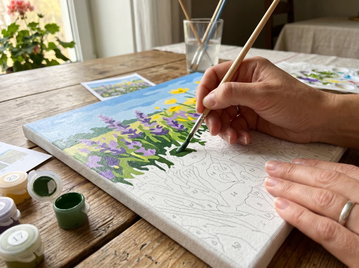 Close-up of a hand filling a numbered section of a paint-by-numbers canvas