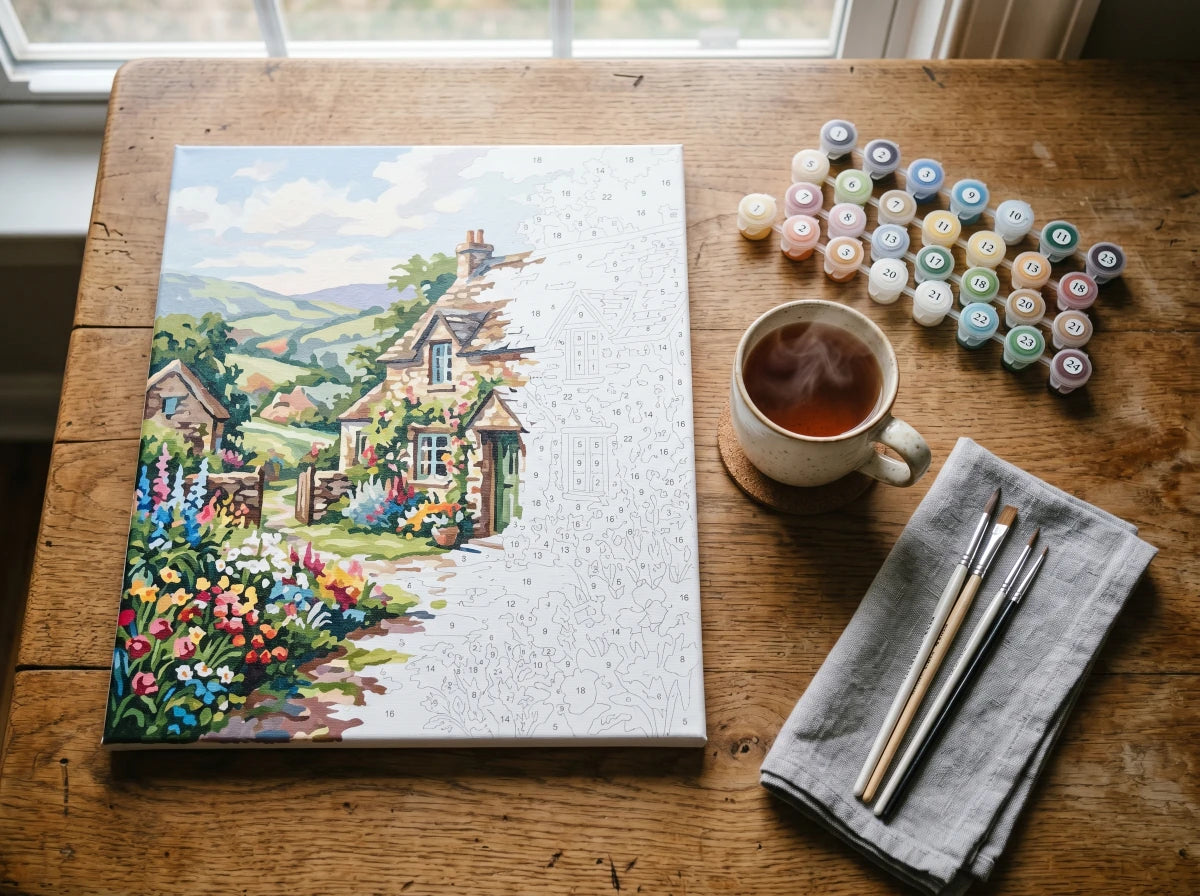 Paint-by-numbers kit mid-completion with a steaming mug of tea on a wooden table